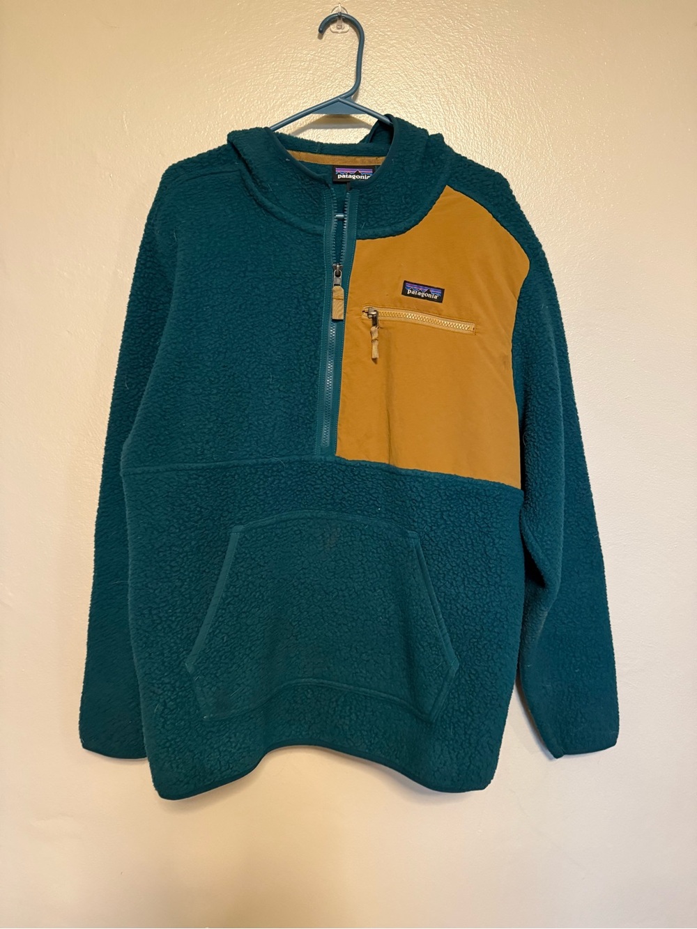 Patagonia Teal Fleece Pullover with Mustard Trim